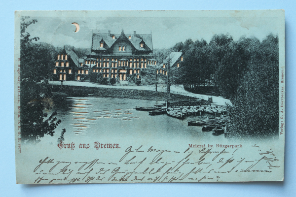 Ansichtskarte Halte gegen Licht Cut Out AK Gruß aus Bremen 1900 Meierei Bürgerpark Gasthaus Bootsverleih Architektur Ortsansicht